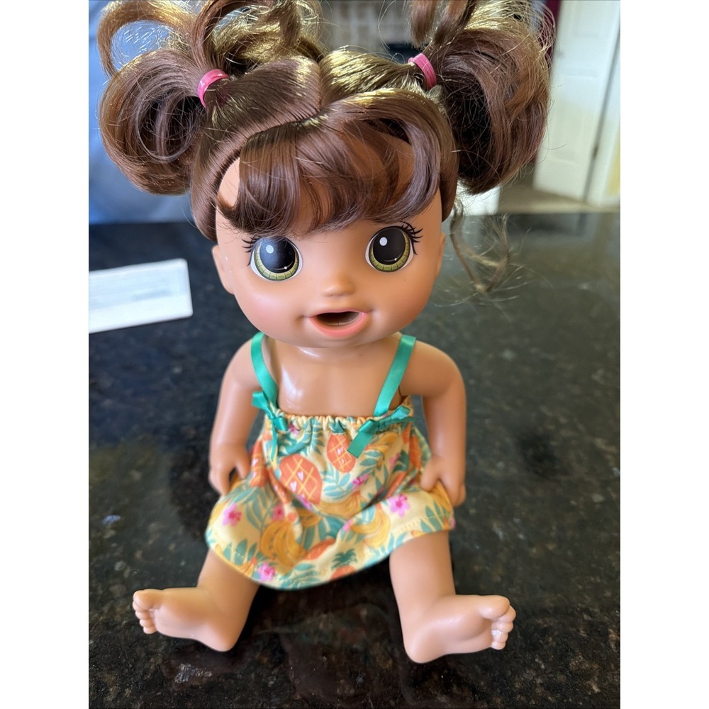 Magical Mixer Baby Alive Doll Brunette Pigtails Green Eyes in Pineapple Dress